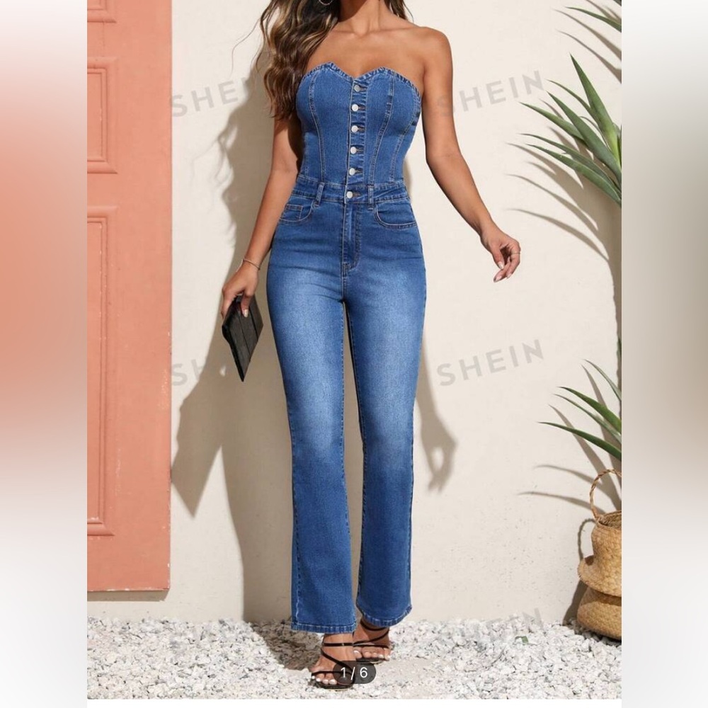 SHEIN ladies button front, flared leg, tube top denim jumpsuit.